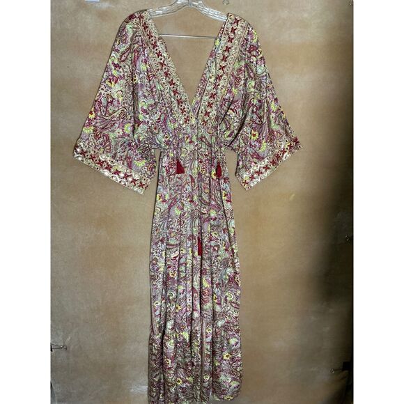 Boho Paisley Print Maxi Dress Kimono Sleeve Tassel V Neck Beach Cover Up - Picture 3 of 12
